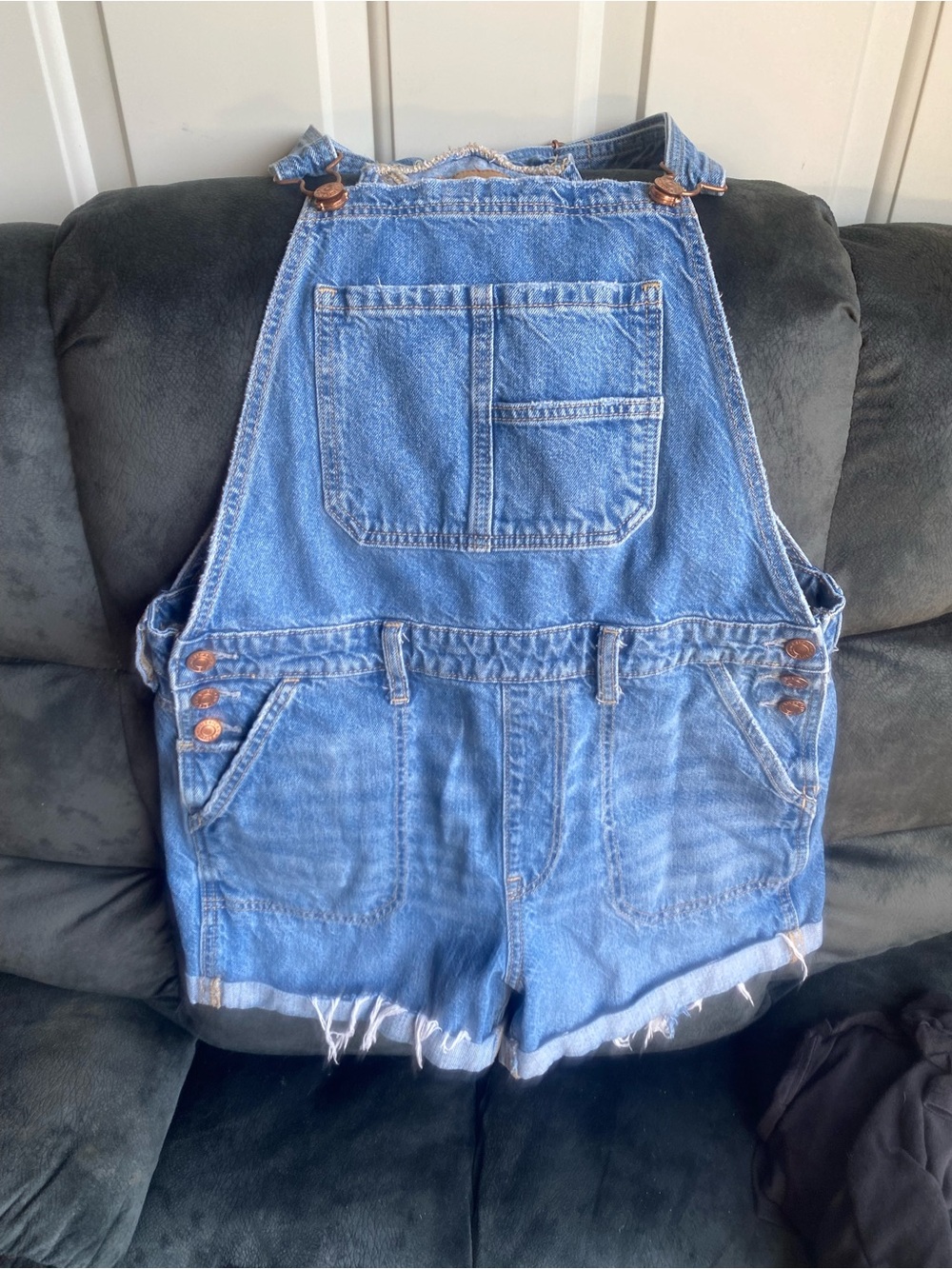 American Eagle Outfitters Light Blue Denim Short Overalls with Frayed Hem